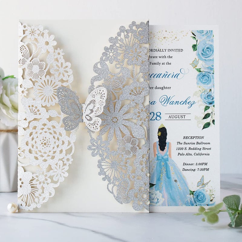 Hosmsua 5.12 x 7.3'' 50PCS Silver Laser Cut Butterfly Quinceanera Invitation Cards Lace Flora Weddding Invitations with Envelopes for QuinceaÃ±era Wedding Bridal Shower Invite (Silver Glitter) - Image 5
